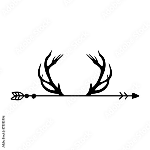 'horn' on boho arrow - reindeer, deer, roe antler. Handwritten  tattoo, ink design or greeting card. Modern vector art.