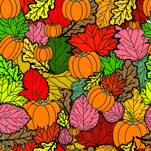 Bright colored autumn pattern with orange pumpkins  red  green. yellow oak  birch and rowan leaves