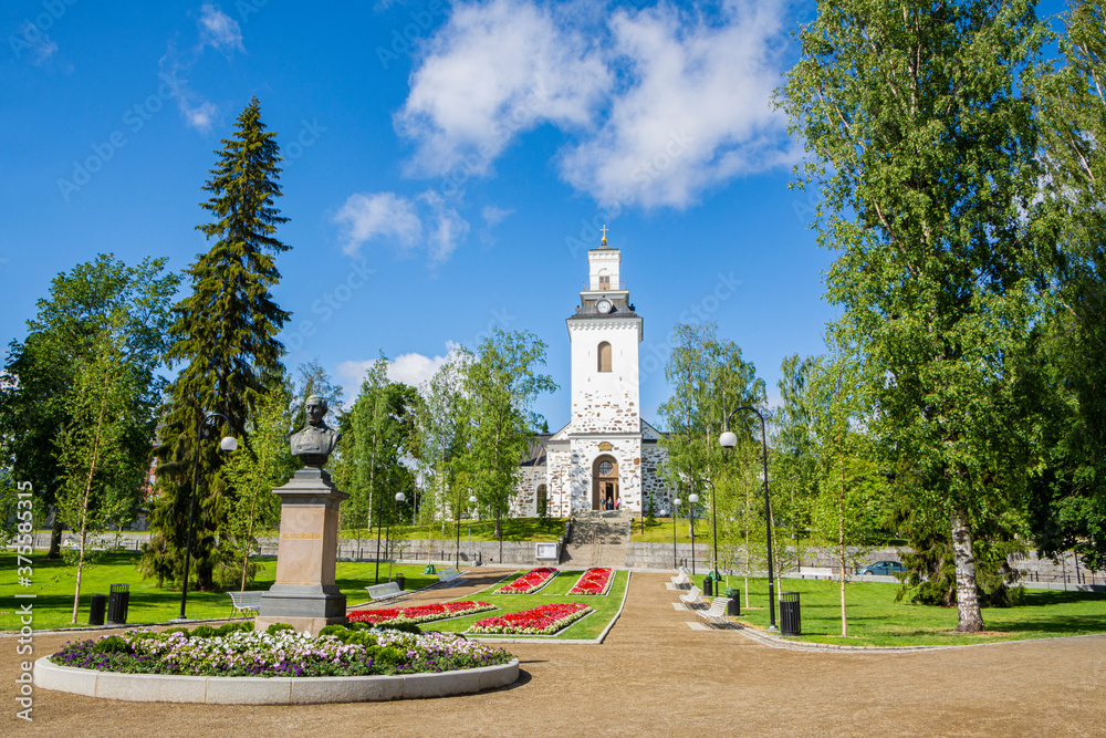 Kuopio, Finland / July 6 2020: View of The Snellmanninpuisto park and Kuopio Cathedral