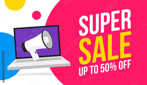 Super Sale message bubble speech vector illustration with bullhorn on laptop.
