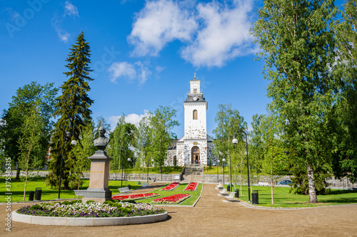 Kuopio, Finland / July 6 2020: View of The Snellmanninpuisto park and Kuopio Cathedral