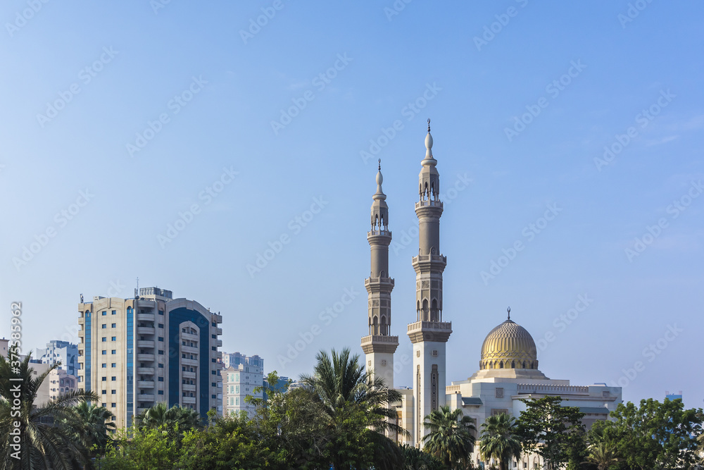 Fototapeta premium The beautiful Al Maghfirah Mosque in Sharjah, United Arab Emirates.