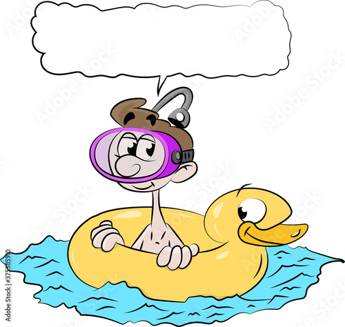 Cartoon man wearing a scuba mask and a duck life buoy swimming vector illustration