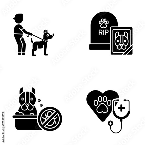 Pet treatment services black glyph icons set on white space. Dog walking, animal washing, professional veterinary examination and funeral service silhouette symbols. Vector isolated illustrations