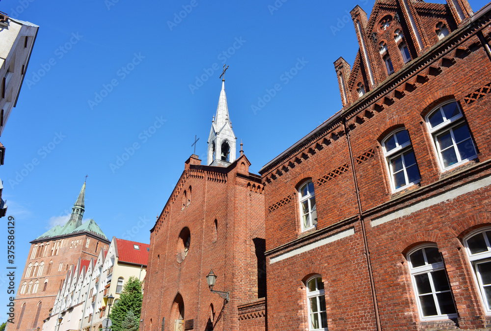 Kolobrzeg, Poland city center view, old church buildings and cathedral