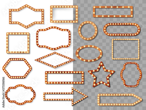 Set of wooden different polygonal boards with light bulbs isolated on transparent background. Vector stock illustration