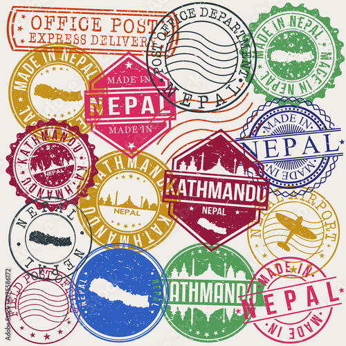 Kathmandu Nepal Set of Stamps. Travel Stamp. Made In Product. Design Seals Old Style Insignia.