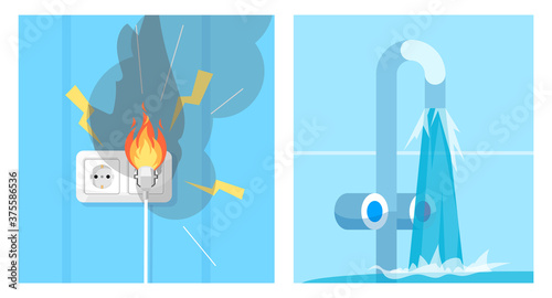 Faulty wire and broken tap water semi flat RGB color vector illustration set. Electrical short circuit. Floored bathroom. Household accident isolated cartoon objects collection on blue background