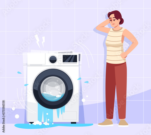 Woman puzzled by appliance breakdown semi flat vector illustration. Electricity problem. Not working automatic washer. Complete broken washing machine 2D chartoon character for commercial use photo