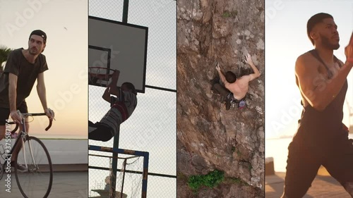Split screen of diverse men, people doing sports. Multiscreen of person riding bike, cycling outdoors, guy playing basketball and making slam dunk, man climbing mountain or jogging. Wellbeing concept