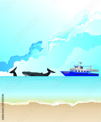 Picturesque tropical island beach scene with Tourism whale watching boat at sea set against a blue cloudy sky