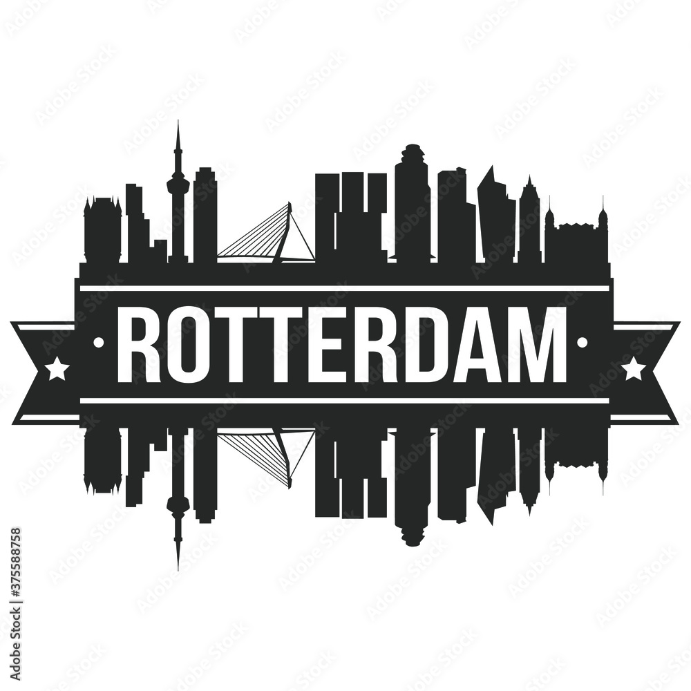 Rotterdam Netherlands, Skyline Silhouette Design City Vector Art Stencil.