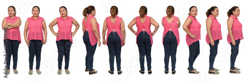 view of the same latino american woman standing in different poses on white background, side, back and front view