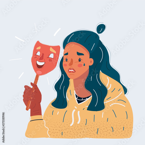 Vector illustration of sad woman wearing smile mask. Fake and hide emotion concept on white background.