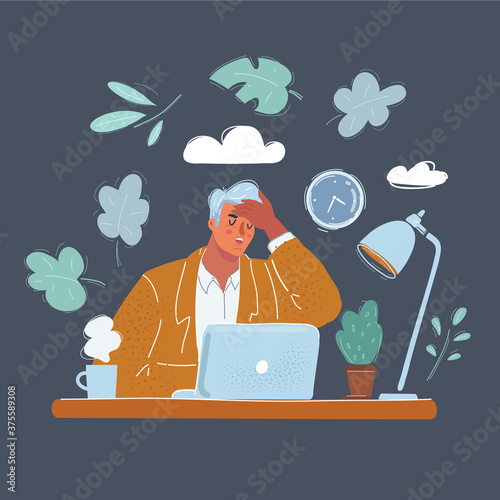 Vector illustration of business man tiered and sick in office. Female character sitting at desk and laptop on white background.