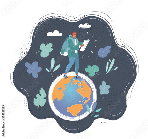 Vector illustration of woman step on small globe earth on dark background