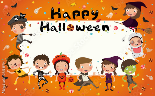 Halloween Party, Group of kids in Halloween costume, Halloween Party Invitation Templates, Vector flat style, illustration