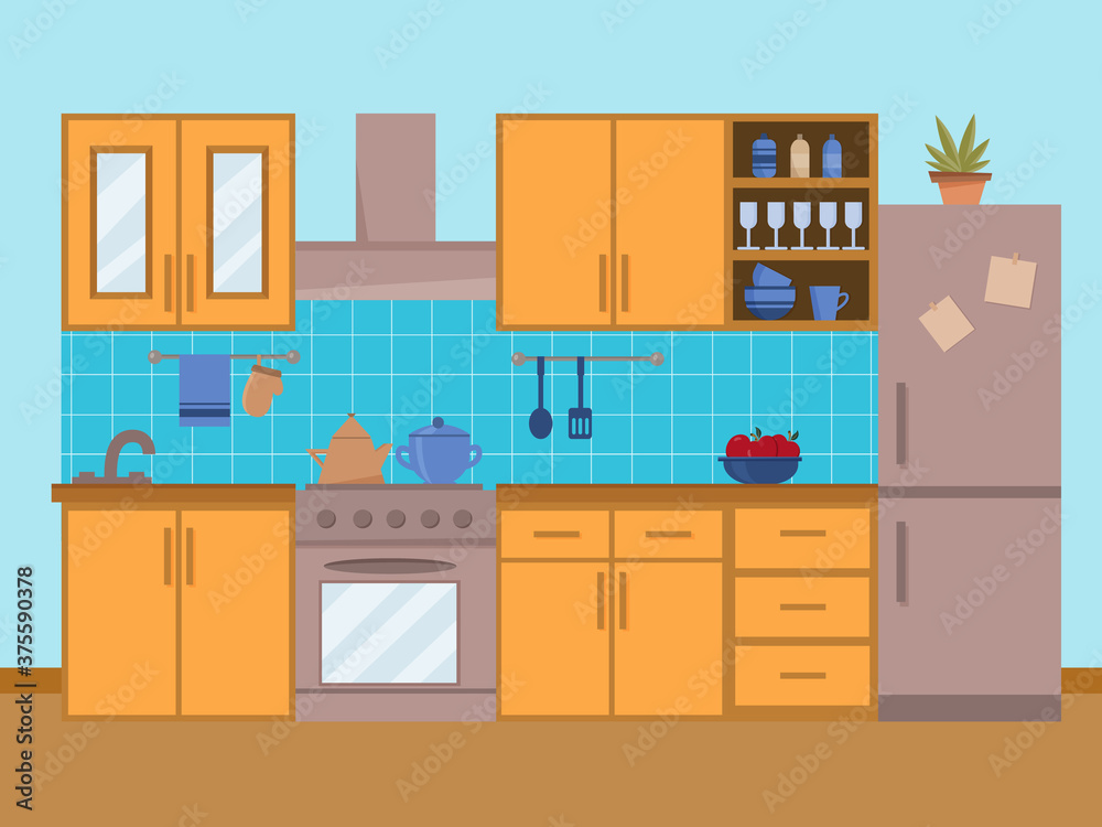 Kitchen interior with furniture, stove and cupboard. Flat cartoon style vector illustration. Kitchen interior with furniture, stove and cupboard. Flat cartoon style vector illustration.