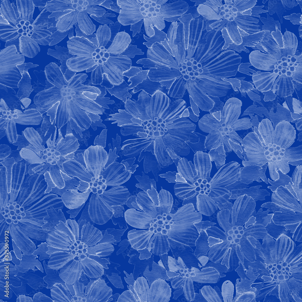Watercolor wild cosmos flowers seamless pattern. Classic blue color palette. Hand painted raster texture. Watercolor wild cosmos flowers seamless pattern. Classic blue color palette. Hand painted raster texture.