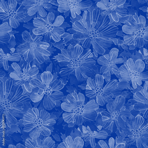 Watercolor wild cosmos flowers seamless pattern. Classic blue color palette. Hand painted raster texture.