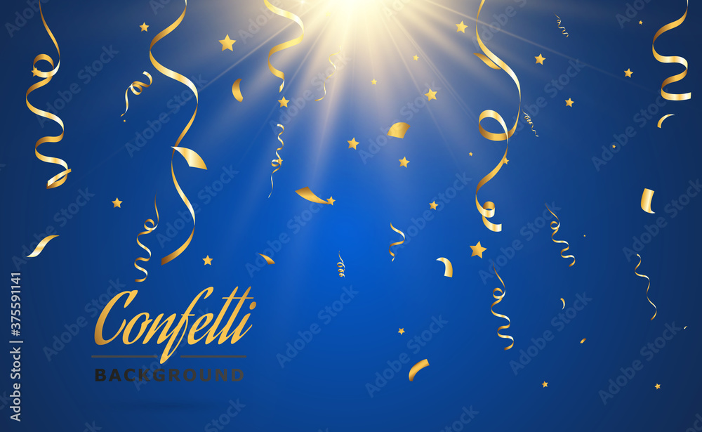 Naklejka premium Golden confetti falls on a beautiful background. Falling streamers on stage.