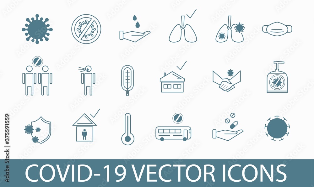 Set of Coronavirus covid-19 vector icons depicting pandemic bacteria, social distancing, medical face mask, house as a symbol of isolation, hand shaking, lungs infected by virus, hand disinfection.