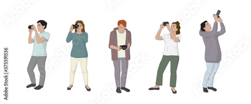 Set of people - man and woman with cameras taking photos from all angles. Photographers, paparazzi, cameramans holding cameras. Hand drawn people illustration. 