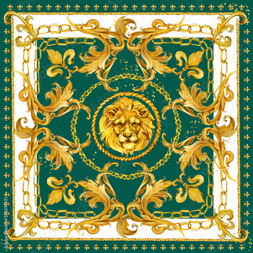Obraz na plátne Silk scarf with golden lion and damask ornament
