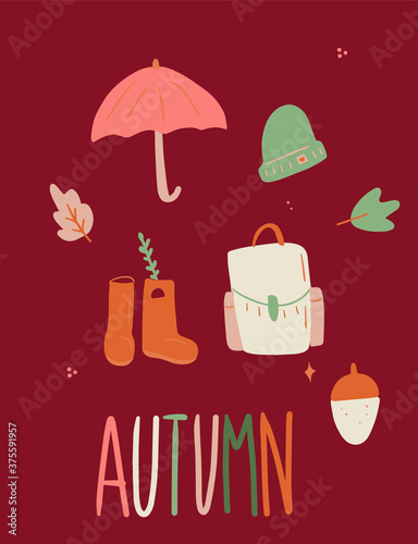 Kawaii autumn things set. 