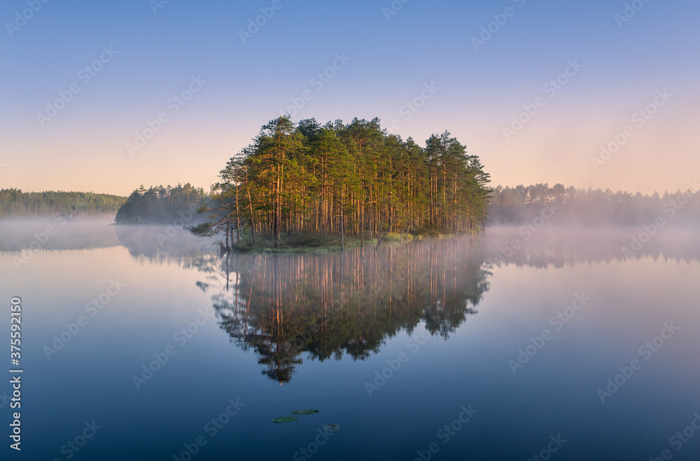 Scenic nature landscape with mood fog and beautiful sunrise at early summer morning in lakeside Finland