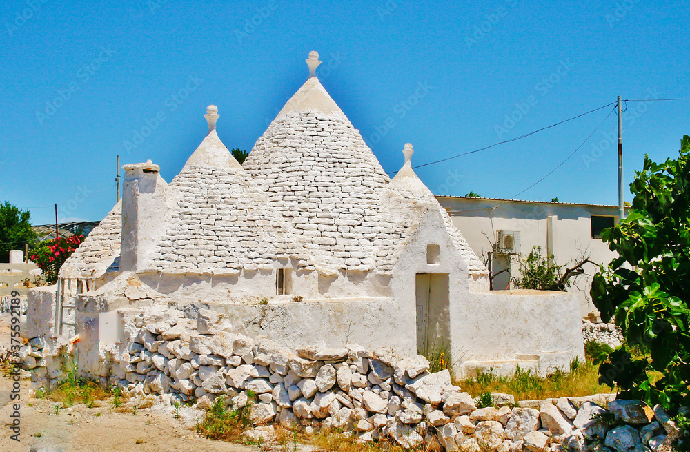 Group of beautiful white Trulli, traditional Apulian dry stone hut old houses with a conical roof in Itria Valley, Puglia, Italy