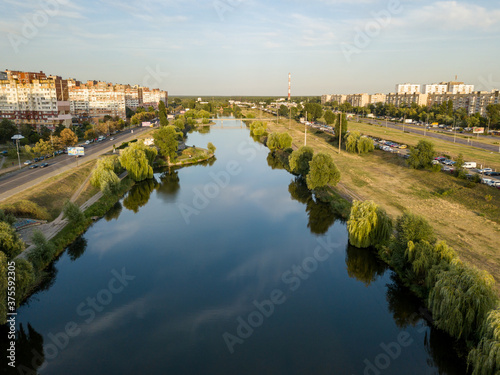 Aerial drone view. Lake in the city park of Kiev.