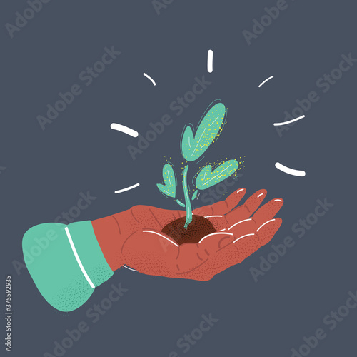 Vector illustration of person holding a small plant in hand. Objects on dark backround.