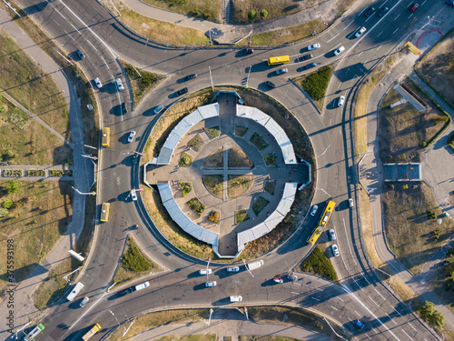 Aerial drone view. A roundabout in Kiev.