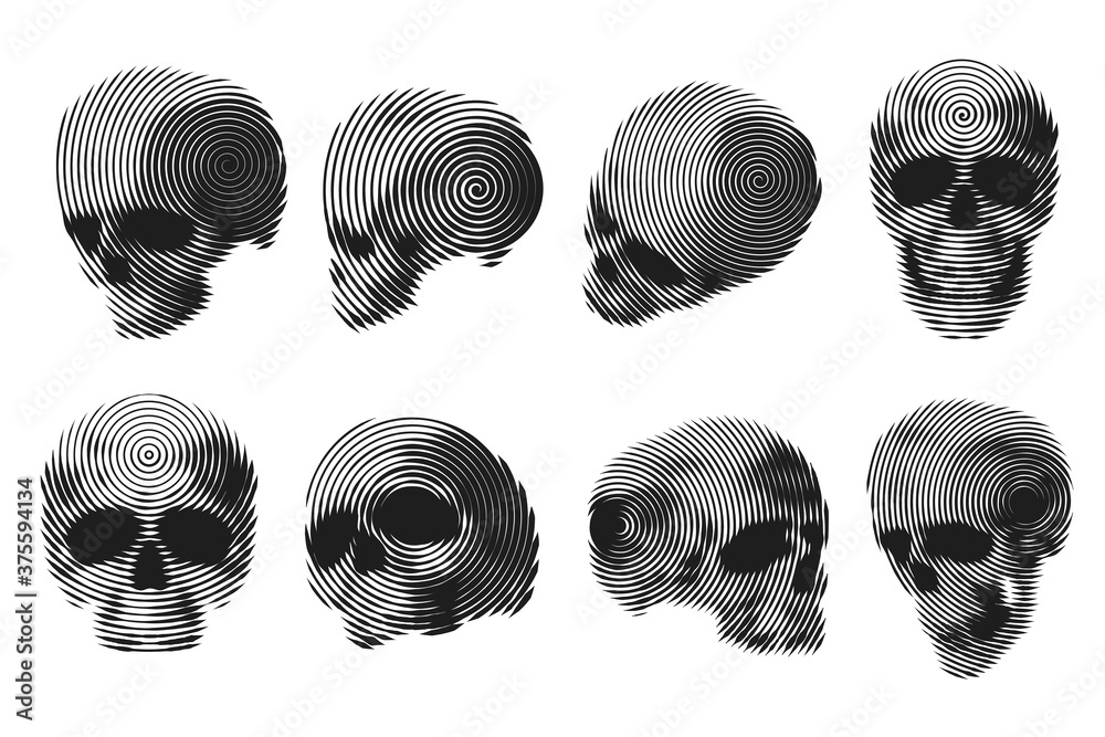 Collection vector silhouettes of human skulls in engraving monochrome line style. Isolated on white background. Design element for print, card, cover, poster.