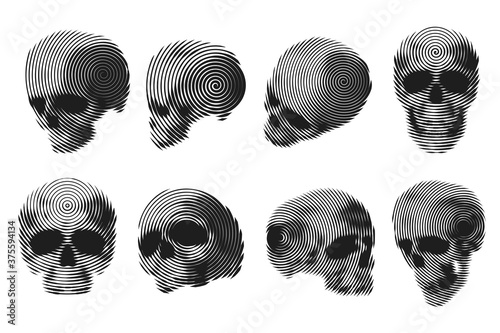 Collection vector silhouettes of human skulls in engraving monochrome line style. Isolated on white background. Design element for print, card, cover, poster.