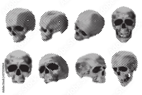 Collection vector silhouettes of human skulls in engraving monochrome line style. Isolated on white background. Design element for print, card, cover, poster.