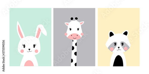 Cute posters with little bunny, giraffe, raccoon vector prints for baby room, baby shower, greeting card, kids and baby t-shirts and wear. Hand drawn nursery