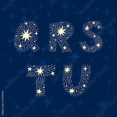 Dreamy font made of stars and constellations. Celestial alphabet letters Q, R, S, T, U on isolated vector background. Hand drawn elements for personalized products and gifts. Illustration of night sky