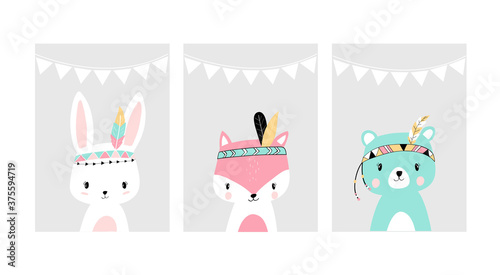 Cute posters with little rabbit, fox and bear vector prints for baby room, baby shower, greeting card, kids and baby t-shirts and wear. Hand drawn nursery