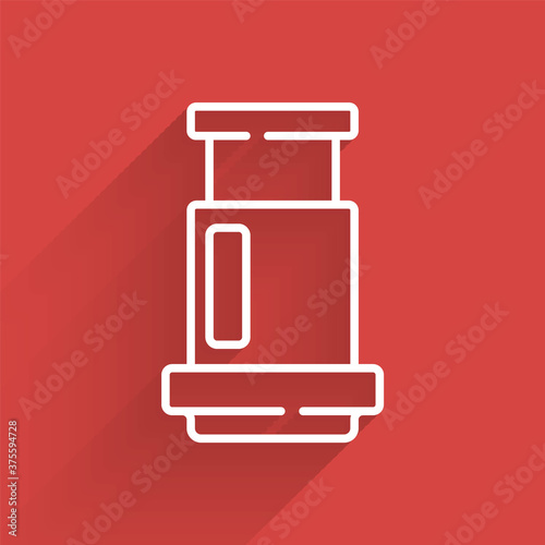 White line Aeropress coffee method icon isolated with long shadow. Device for brewing coffee. Vector.