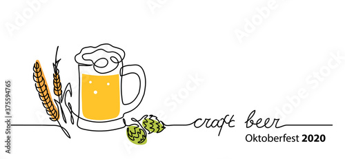 Canvas Craft beer vector banner, background with beer glass, hop and barley spikelet
