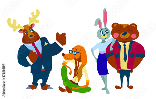 Humanized animals' business animals characters teamwork. cat, zebra, squirrel, elk 