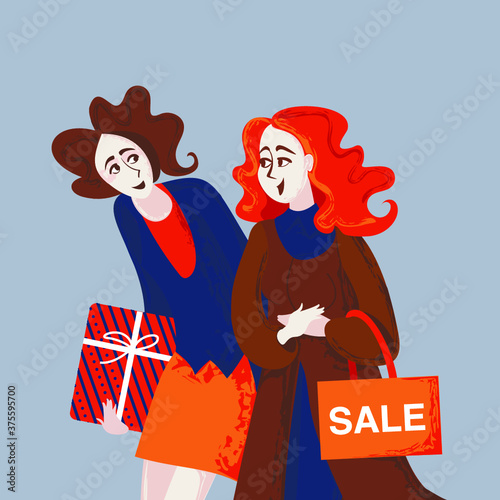Two girlfriends walking and shopping together. Banner. Happy women's day card, poster, banner. Hand drawn vector illustration.