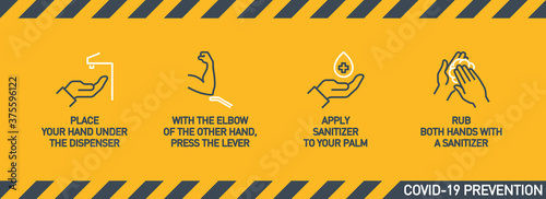 Infographic illustration of How to use hand sanitizer properly. instructions using wall dispenser antiseptic for hand disinfection: press your elbow on button lever, apply sanitizer on palm, rub hands