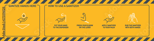 Infographic illustration of How to use hand sanitizer properly. instructions using wall dispenser antiseptic for hand disinfection: press your elbow on button lever, apply sanitizer on palm, rub hands