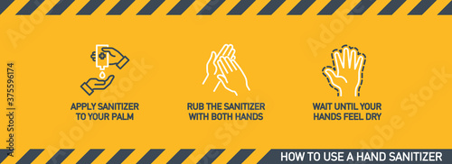 Infographic illustration of How to use hand sanitizer properly. instructions using wall dispenser antiseptic for hand disinfection: press your elbow on button lever, apply sanitizer on palm, rub hands