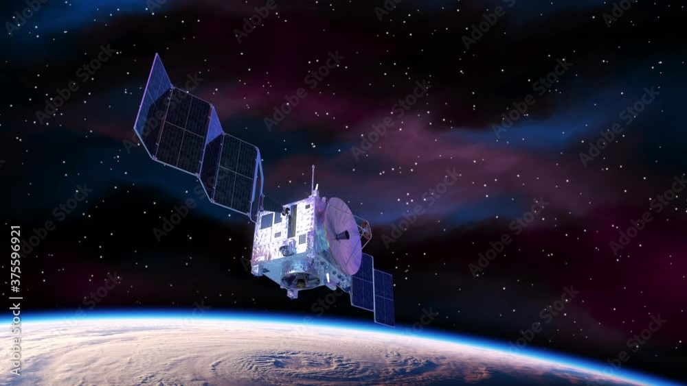 Laser Weapon Destroys Satellite In Outer Space. 3D Animation. 4K. 3840x2160.