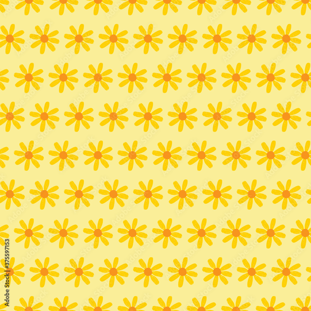 Vector yellow simple repeat sketched monochrome daisy prints seamless floral pattern. Suitable for textile, gift wrap and wallpaper. Vector yellow simple repeat sketched monochrome daisy prints seamless floral pattern. Suitable for textile, gift wrap and wallpaper.