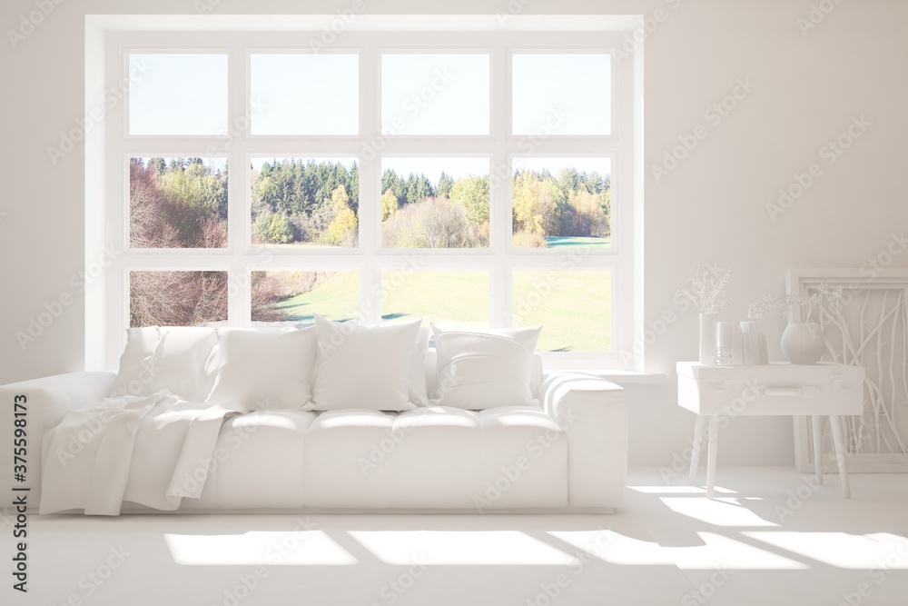 White stylish minimalist room with sofa and autumn landscape in window. Scandinavian interior design. 3D illustration White stylish minimalist room with sofa and autumn landscape in window. Scandinavian interior design. 3D illustration